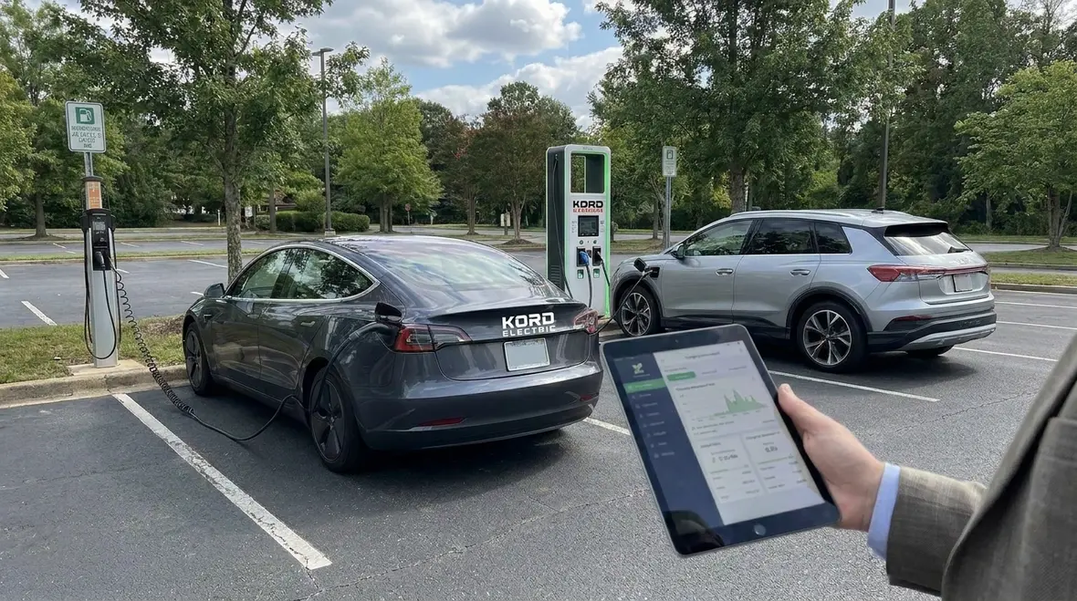 Level 2 and DC fast EV chargers installed at a commercial building