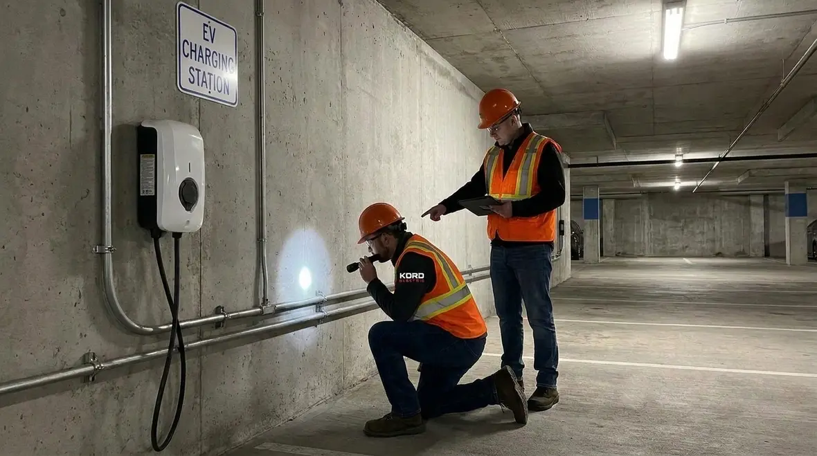 Technicians planning commercial EV charger installation to match rebate requirements