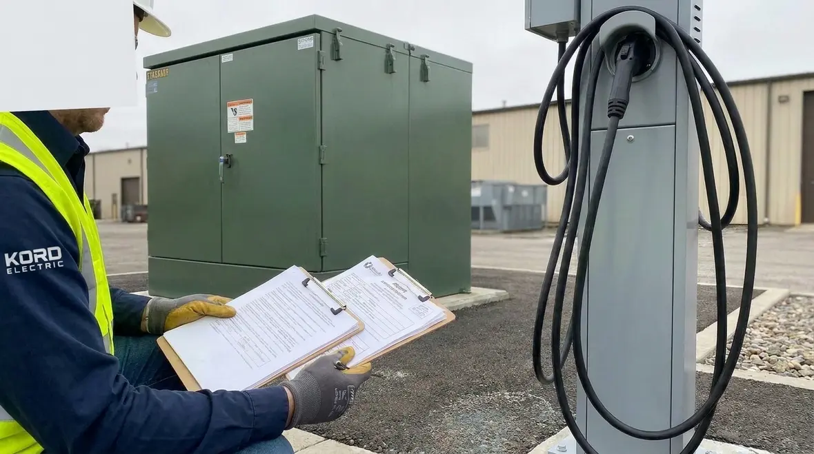 Inspector reviewing commercial EV charging installation in California