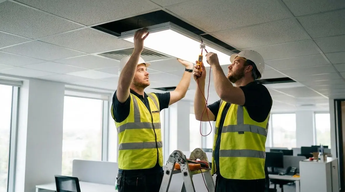 Electrician reviewing commercial LED lighting controls and occupancy sensors