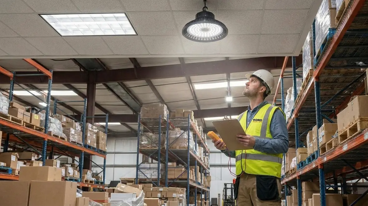 Technician performing commercial LED retrofit assessment