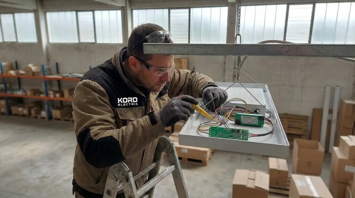Technicians reviewing commercial LED retrofit requirements for a California property