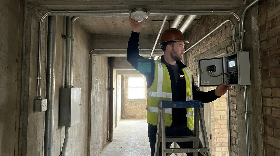 Electricians performing safe commercial LED retrofit work in a high ceiling industrial space