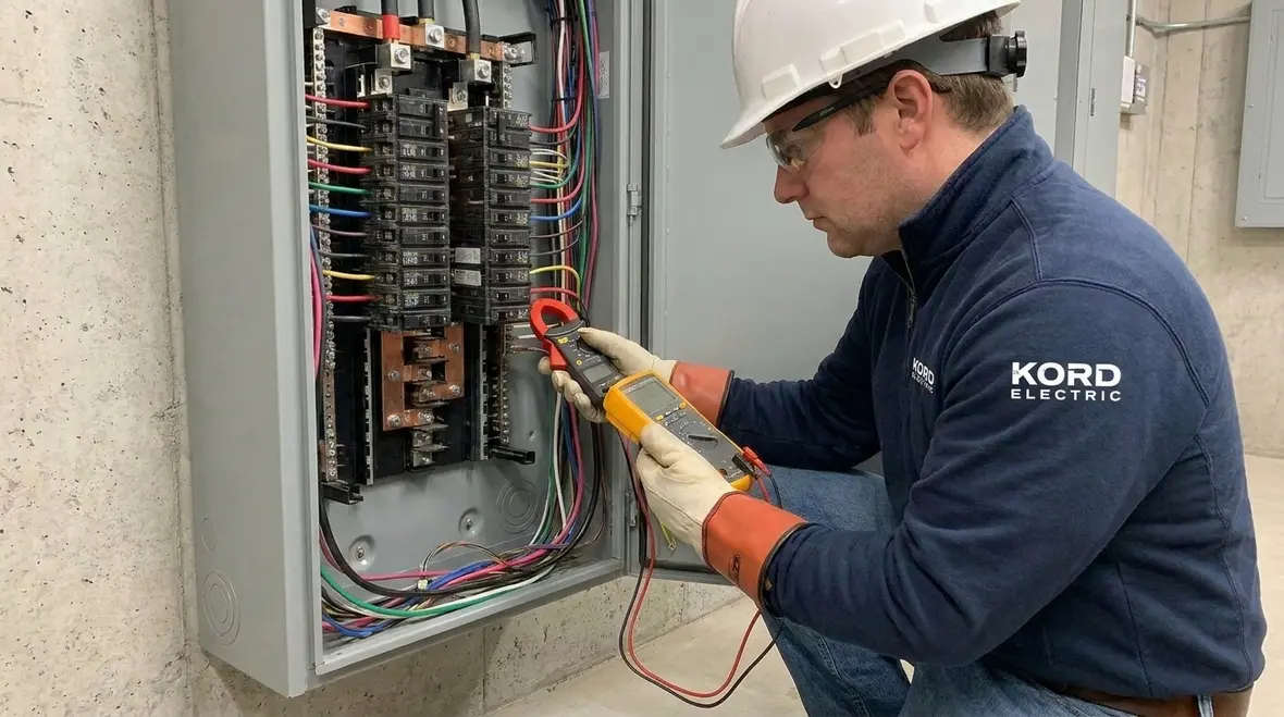 Technician checking electrical panels during commercial inspection
