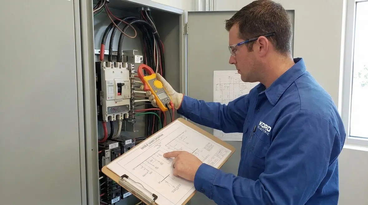 Electrician performing commercial building electrical inspection before buying