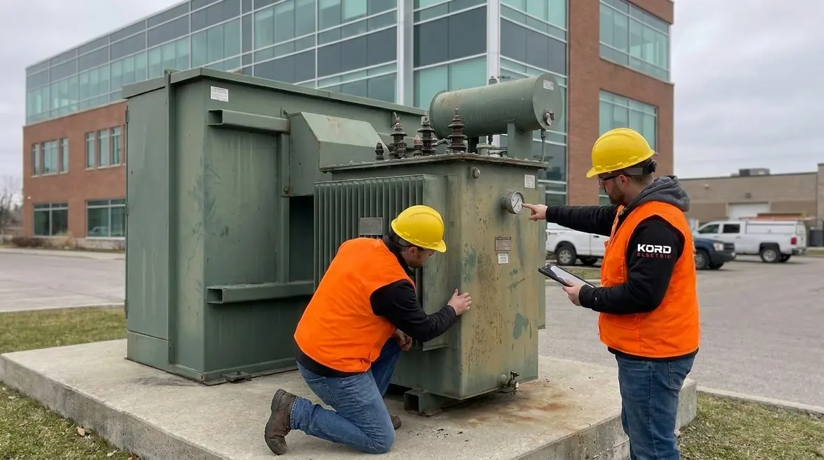 Technician performing commercial transformer maintenance in a major property building
