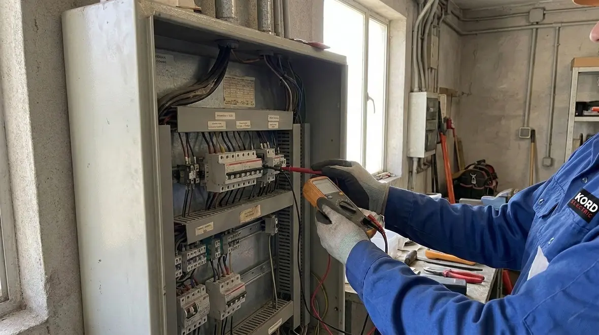 Kord Electric technician checking commercial panel loads and NEC compliance
