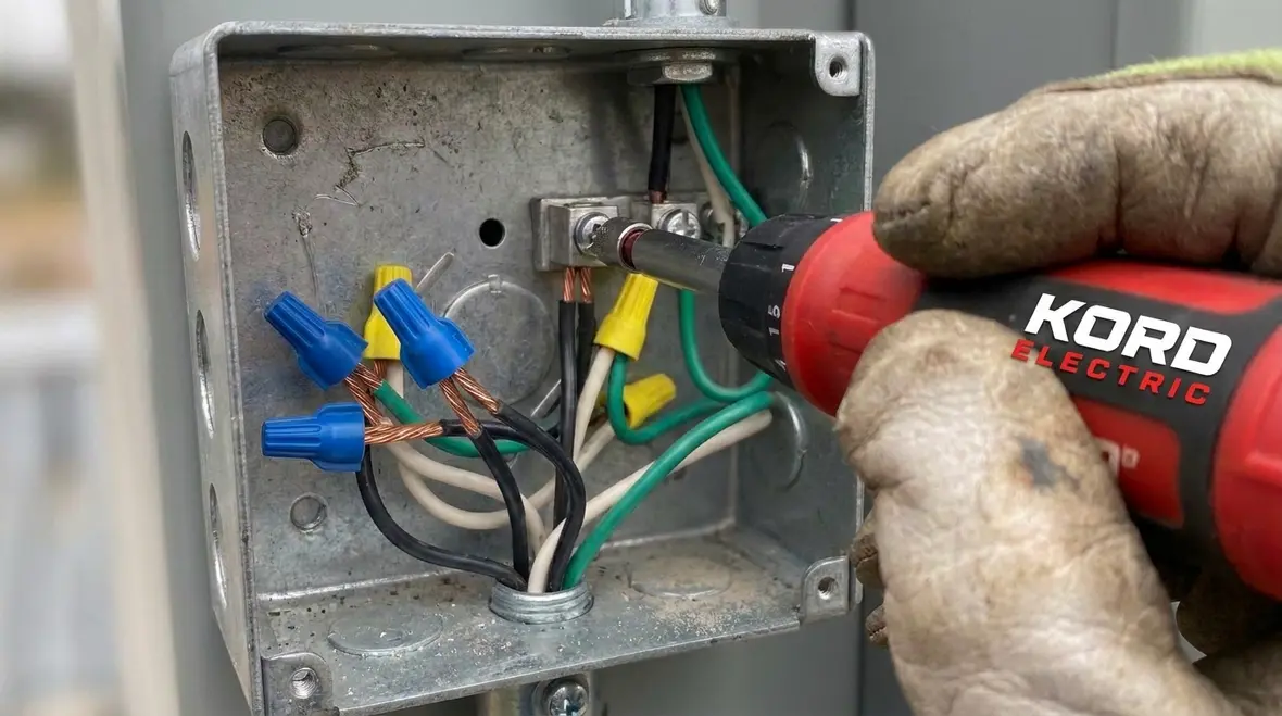 Close-up of commercial electrical wiring and terminations under inspection