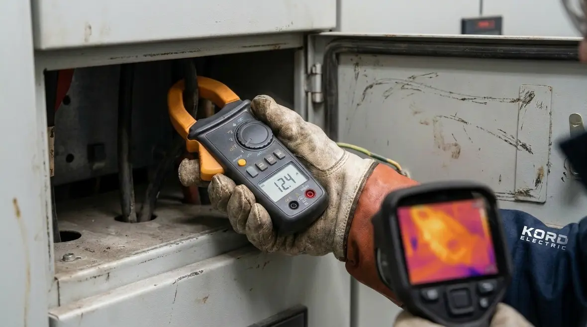 Overloaded electrical panel warning signs in a commercial building