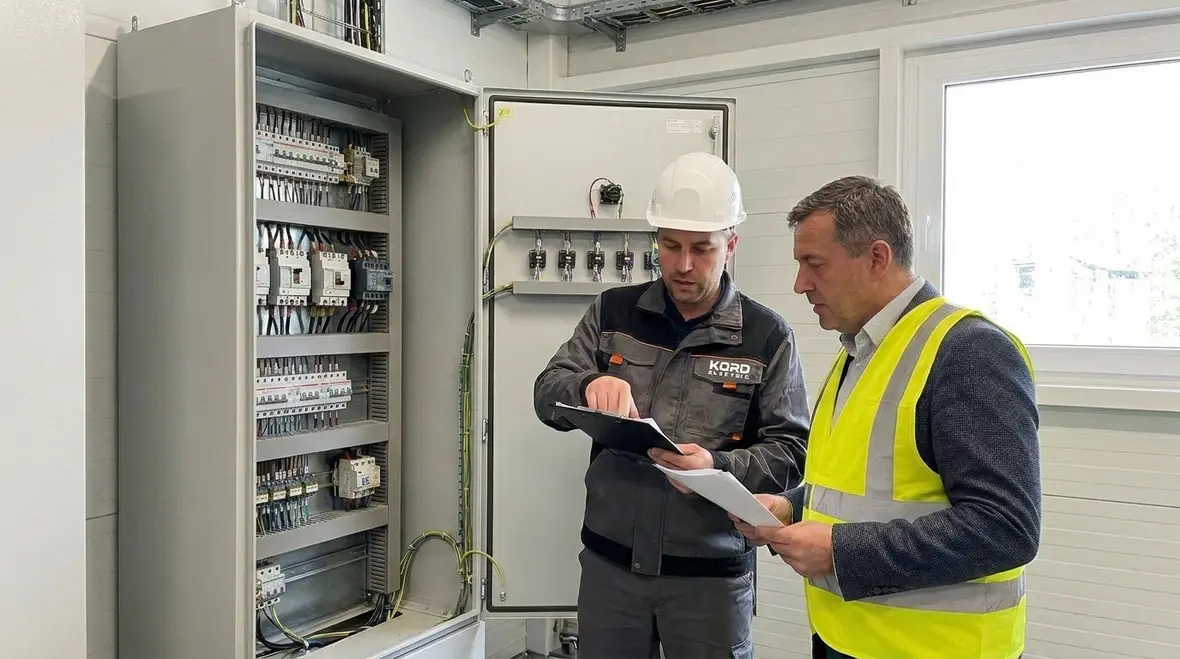 Kord Electric technician explaining preventive maintenance findings to facility leadership