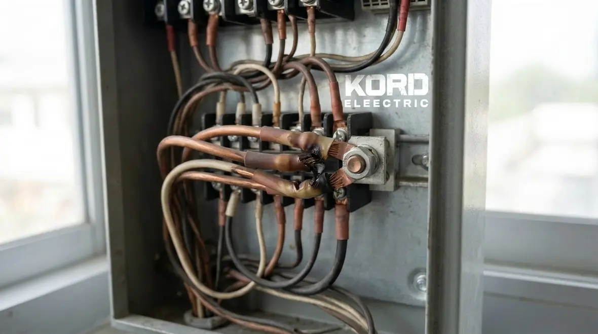 Technician performing preventive electrical maintenance in a commercial facility