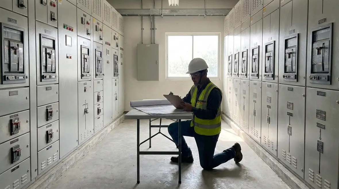 Technician performing electrical distribution maintenance in a commercial building