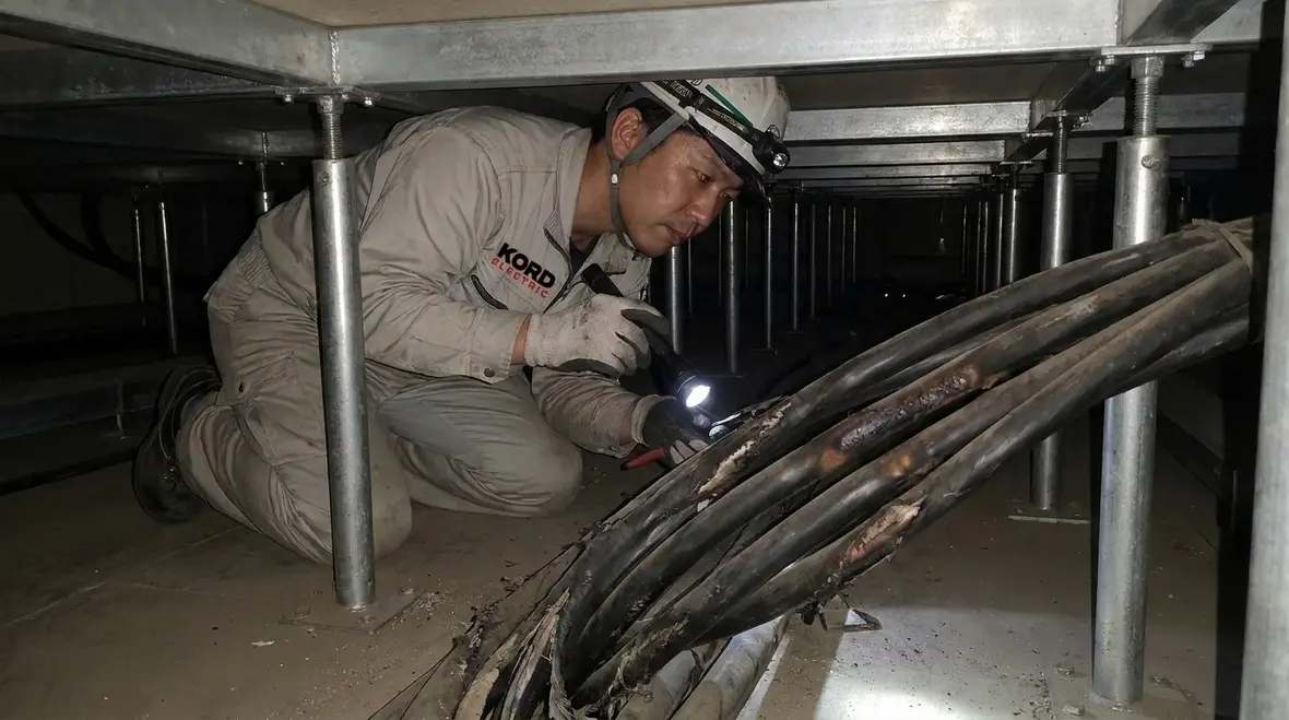 Technician inspecting commercial electrical panel for fire hazards