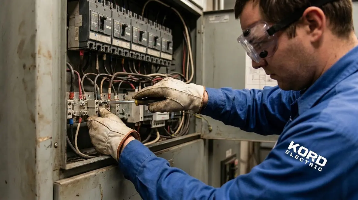 Electrical maintenance team tightening connections to reduce fire risk