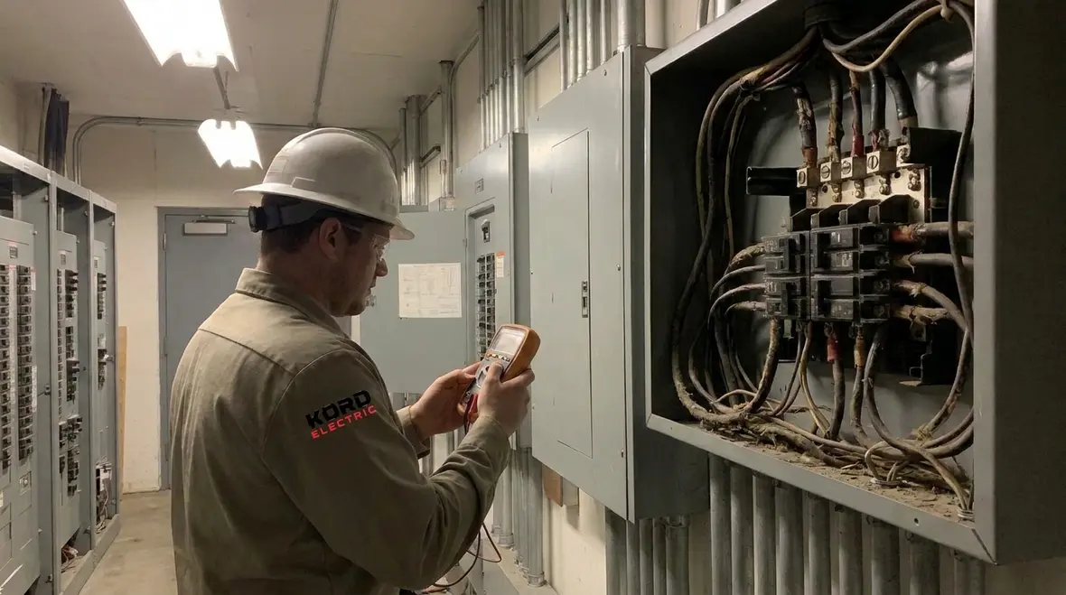 Technician inspecting commercial electrical panel for fire prevention in a California facility