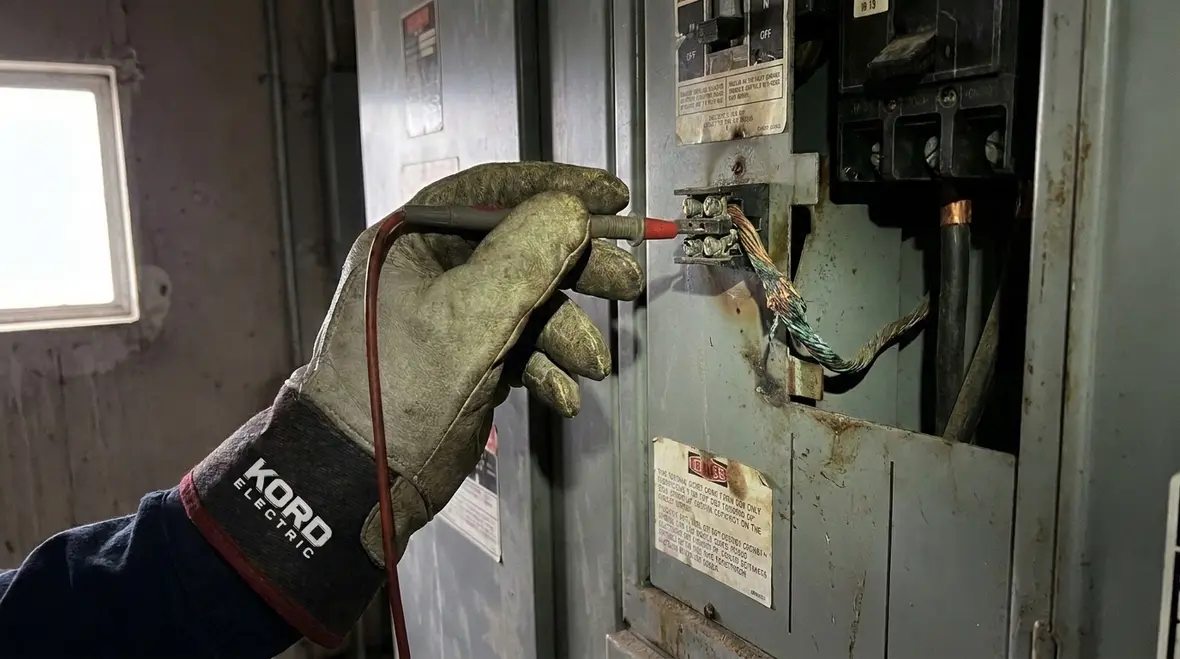Technician updating electrical maintenance records for California commercial building