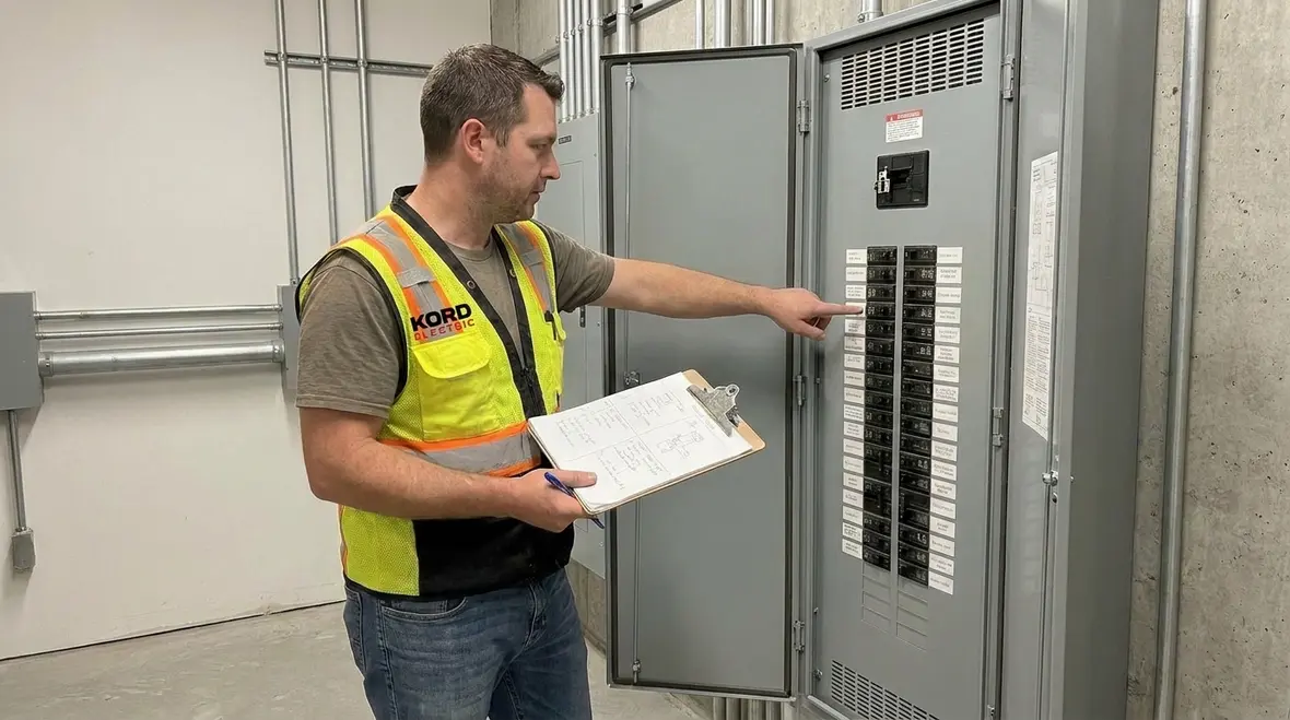 Commercial electrician inspecting panel for electrical fire prevention in California commercial buildings