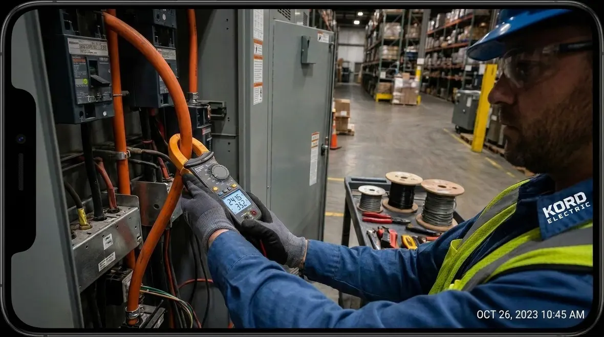 Technician performing electrical room maintenance walkthrough