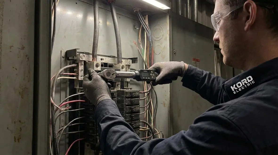Commercial electricians repairing overloaded circuit breakers in a panel