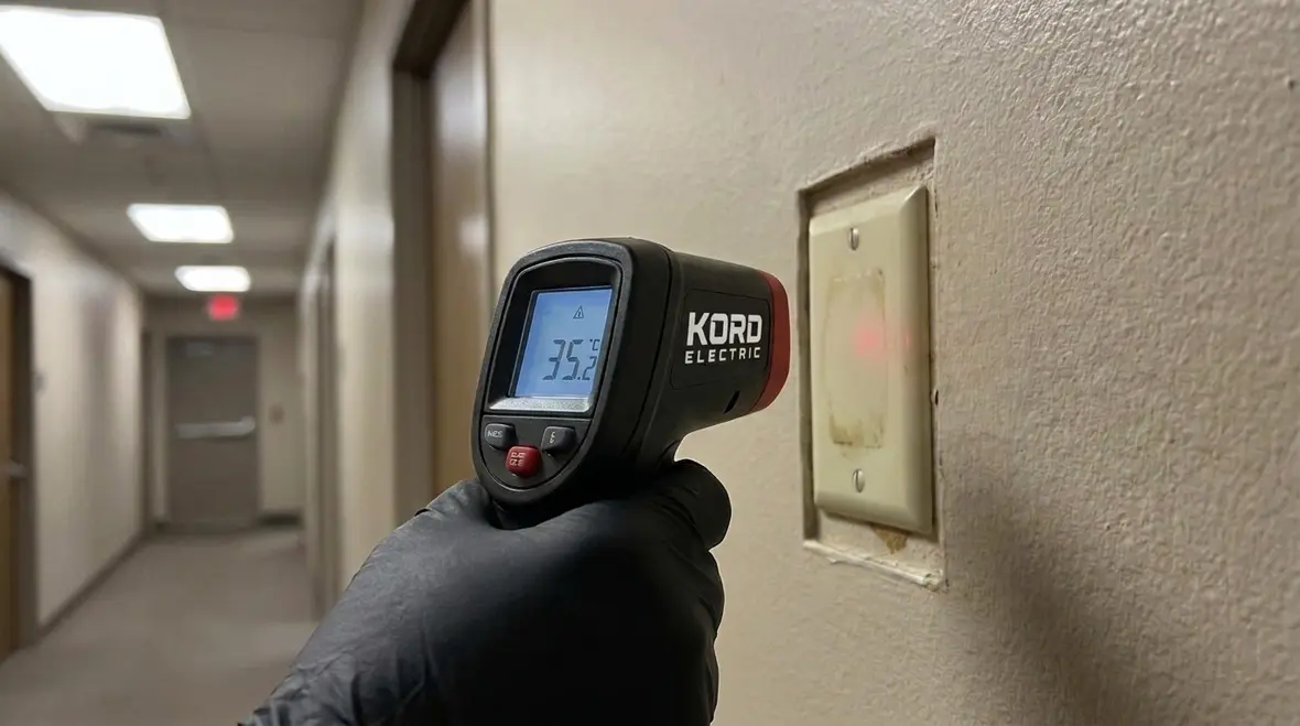 Electricians inspecting a commercial electrical panel for overload risk