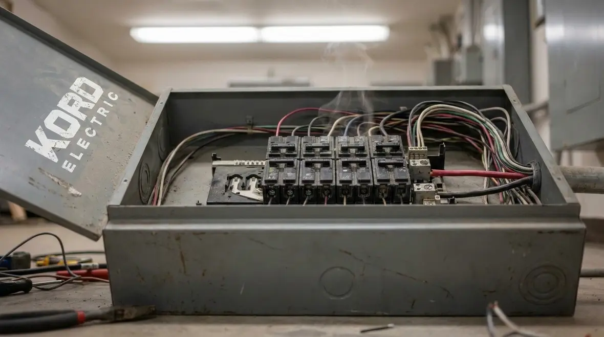 Commercial electrical panel with signs of overheating in a mechanical room
