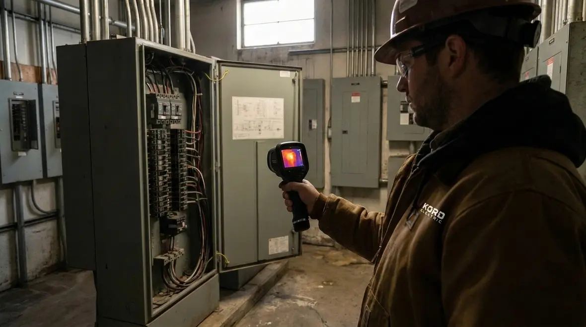 Infrared inspection revealing hot spots in a commercial electrical panel