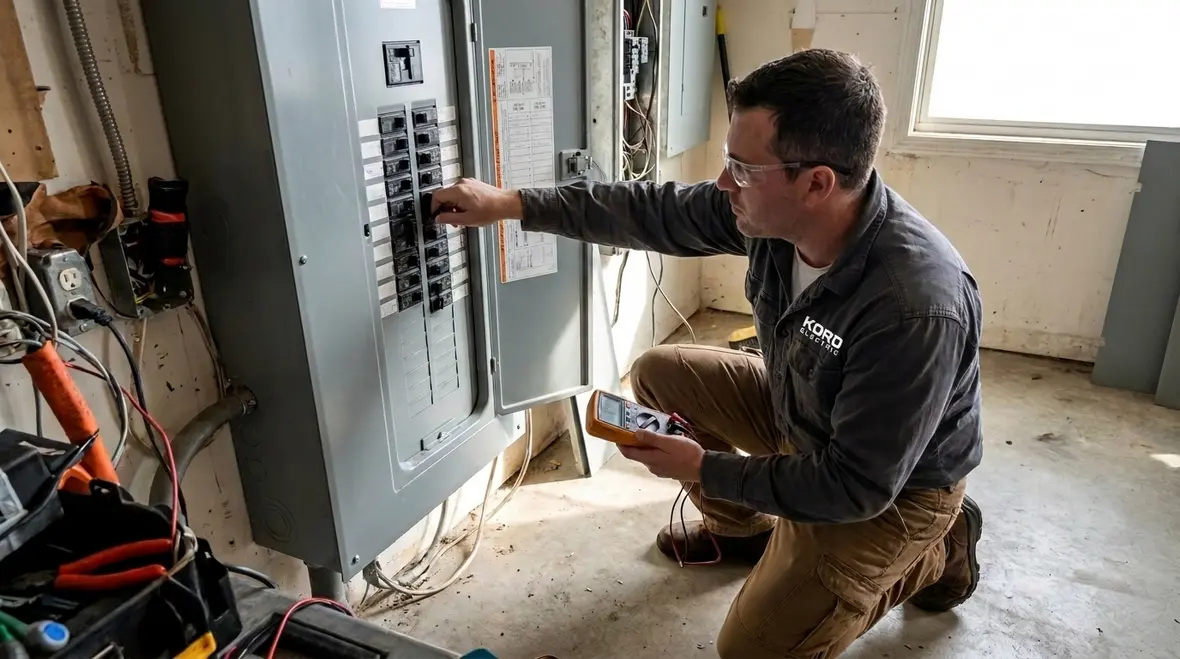 Commercial electrician inspecting breakers that repeatedly trip in a commercial panel