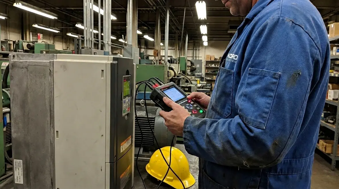 Commercial electrician performing power quality analysis in an industrial facility