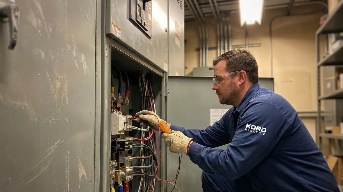 Technician performing electrical safety inspection to prevent commercial power outages in a commercial building