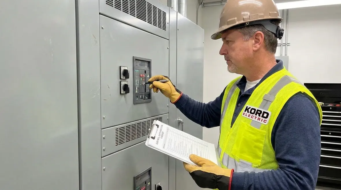 Technician reviewing an electrical safety inspection checklist for a facility manager