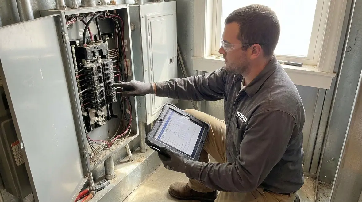 Breakers and panels being inspected and documented for electrical safety
