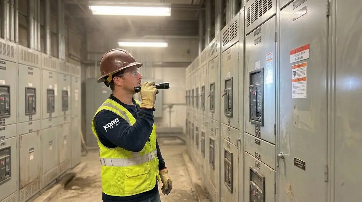 Technician performing an electrical walkdown in a commercial electrical room