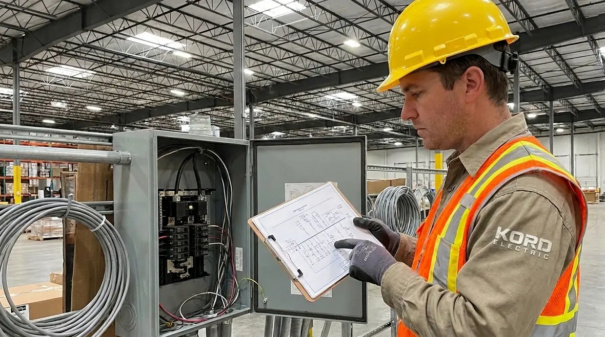 Technician reviewing electrical subpanel installation requirements in a California commercial facility