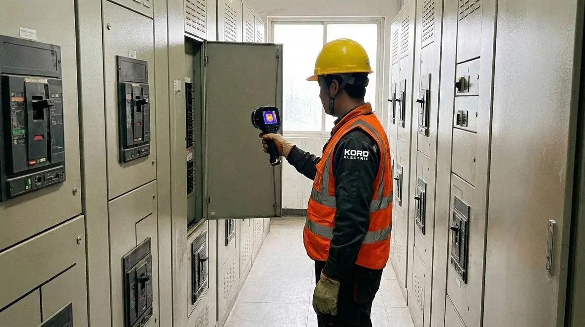 Technician diagnosing common commercial electrical problems solutions in a commercial electrical room