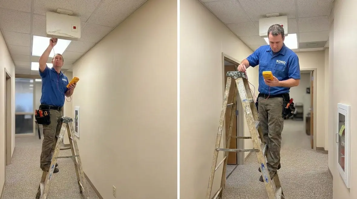 Kord Electric technicians following a step by step emergency lighting inspection route in a commercial hallway
