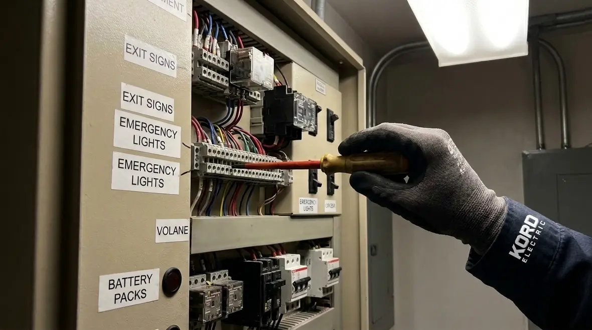 Emergency lighting and exit sign components checked during commercial inspection