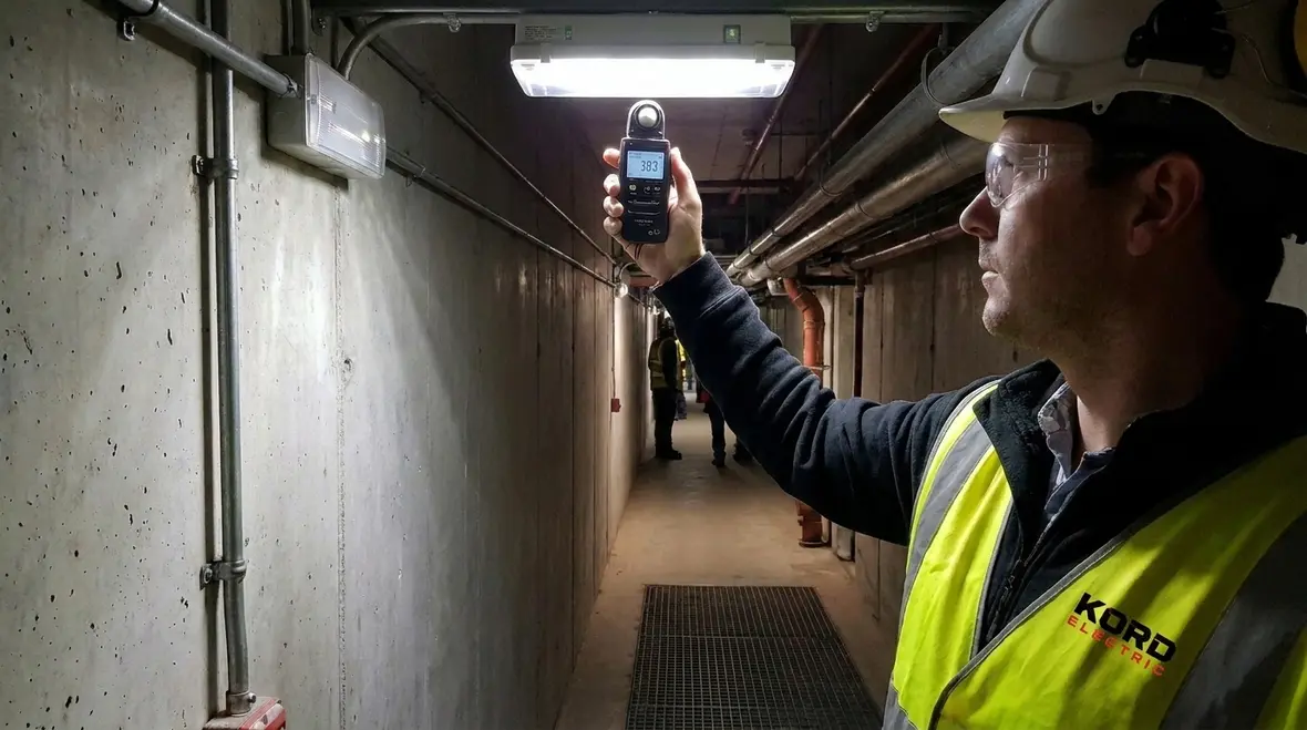 Technician reviewing emergency lighting layout and documentation for California code compliance