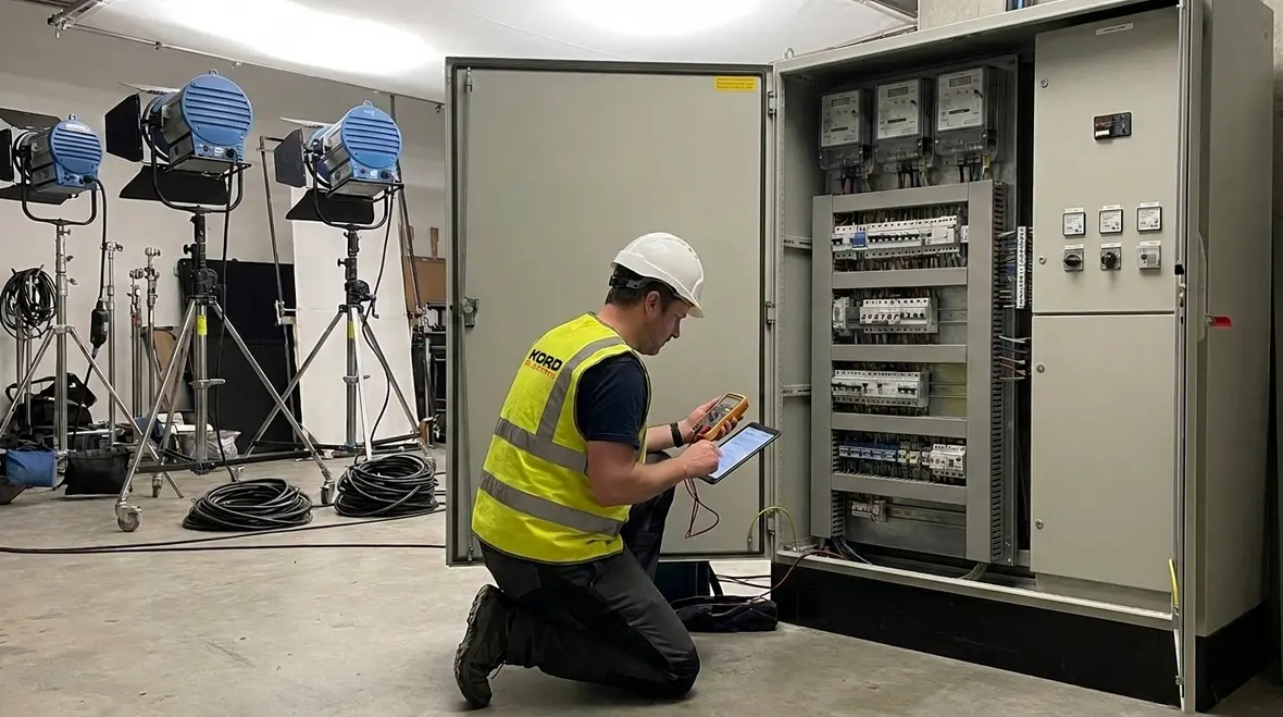 California film studio soundstage with safe electrical distribution and lighting
