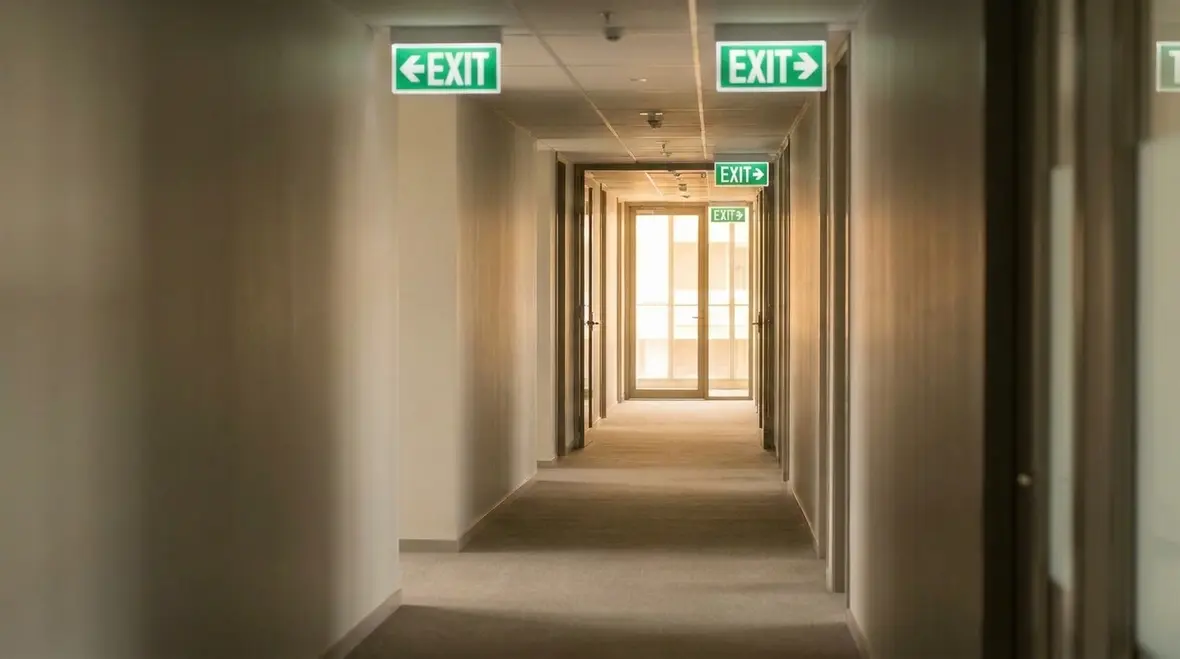 Exit sign in industrial building meeting California electrical code layout requirements