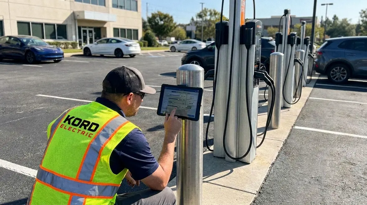 EV charging equipment and electrical panels at a commercial property