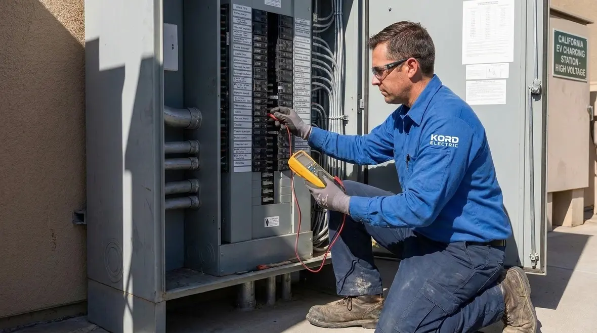 Electric fleet vehicles charging at a California facility
