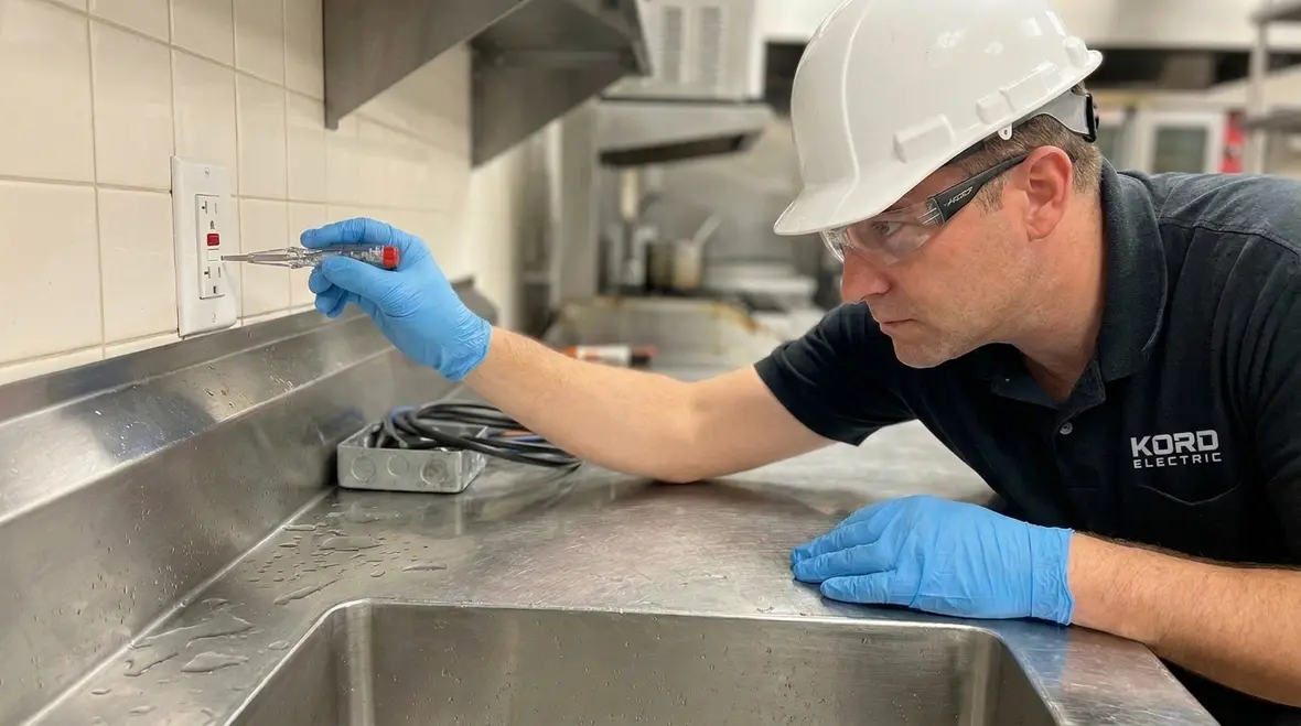 Electrician inspecting GFCI protection in a California commercial building