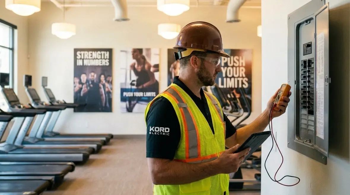Technician reviewing gym electrical maintenance checklist in a commercial fitness center