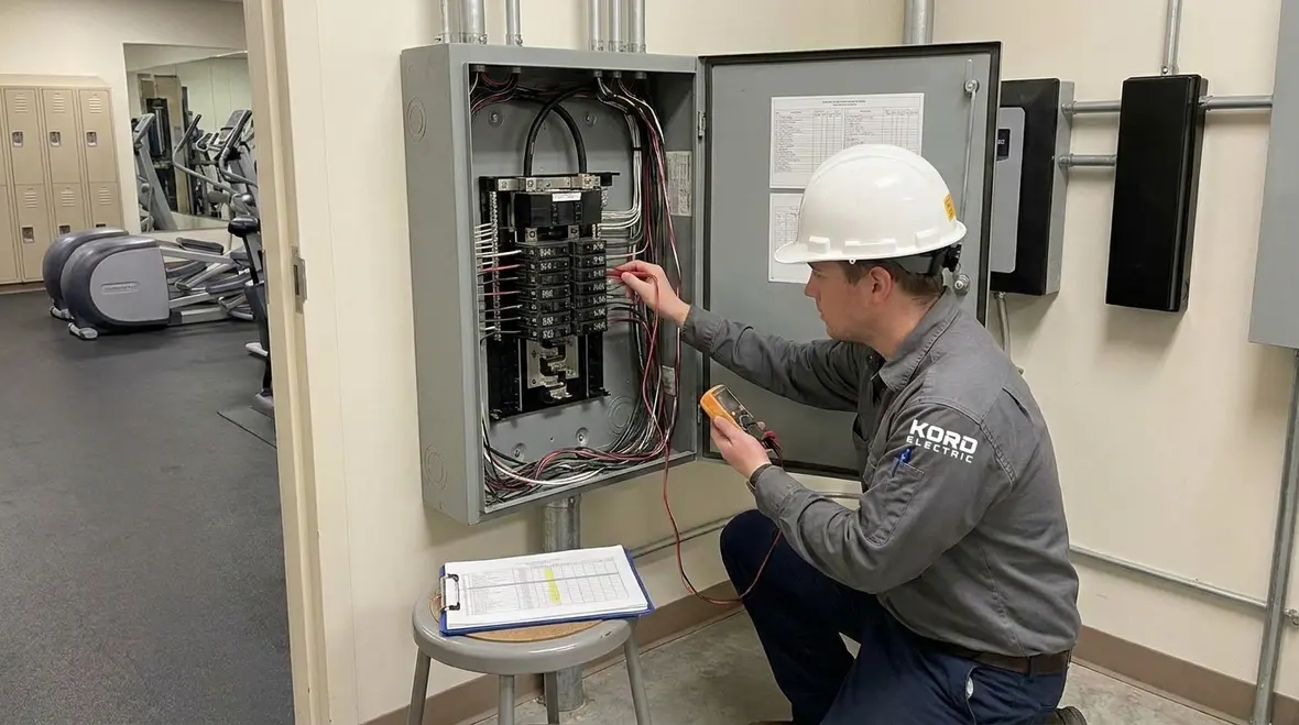 Electrician reviewing a gym electrical maintenance checklist at the panel