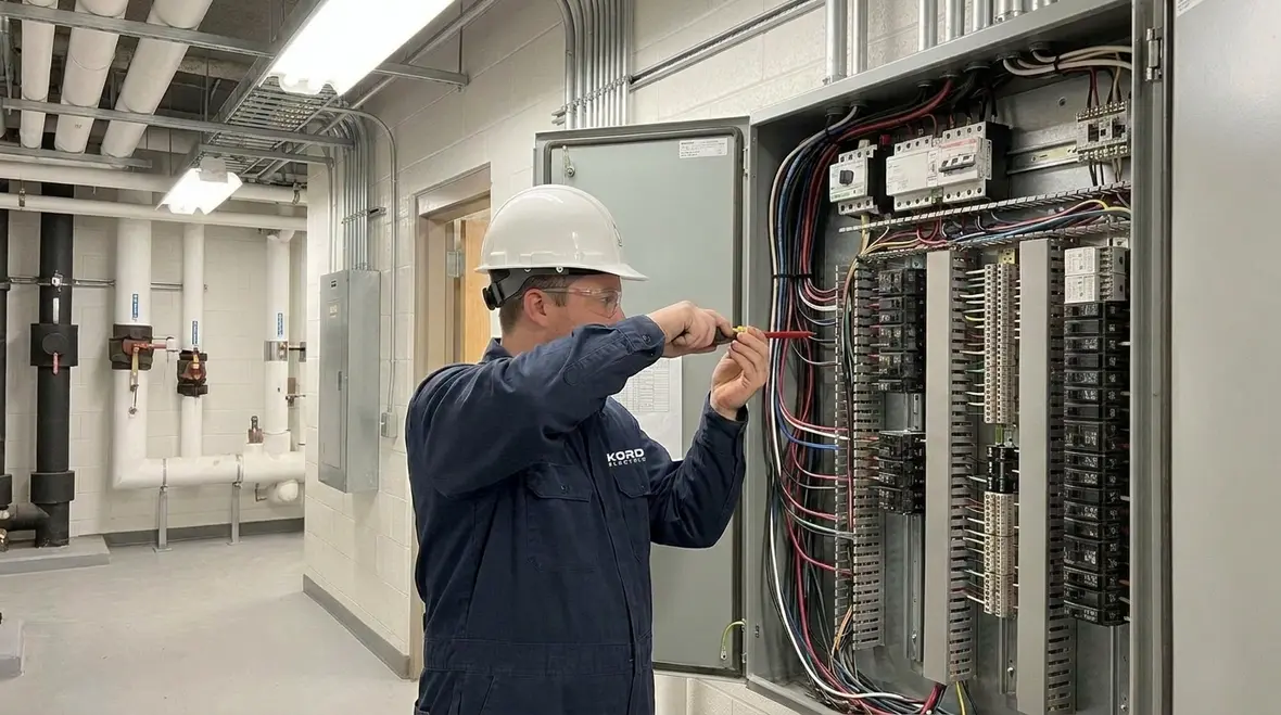 School electrical distribution equipment being inspected