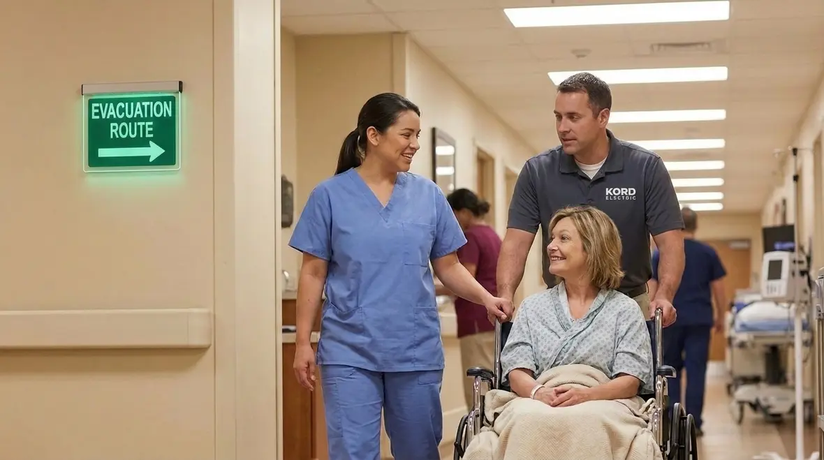 Hospital staff moving patients along a clearly marked fire evacuation route