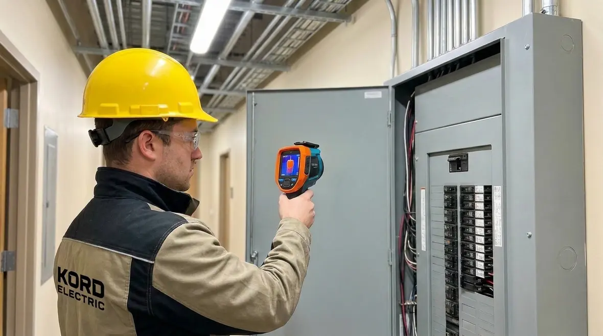 Electrician inspecting a commercial electrical panel on a scheduled maintenance visit