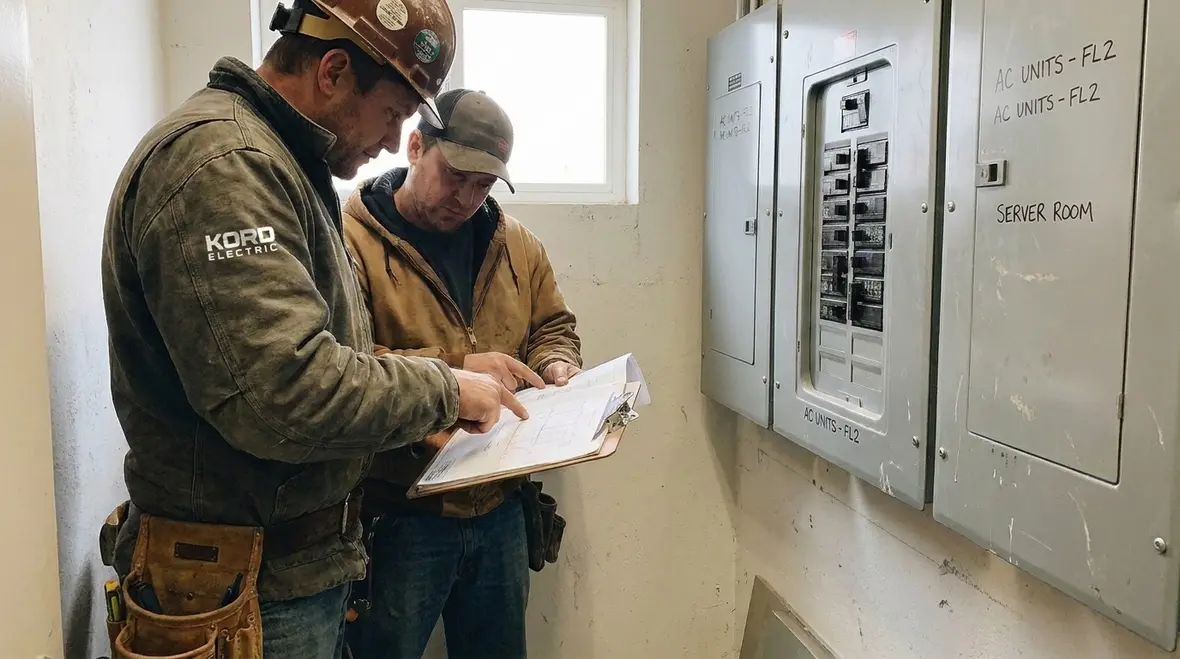 Kord Electric technicians reviewing a commercial electrical inspection plan