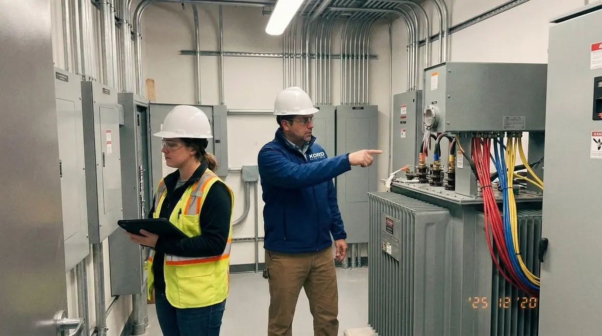 Kord Electric crew coordinating commercial electrical upgrades with operations