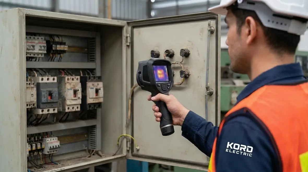 Industrial electrician inspecting switchgear for uptime protection in Los Angeles